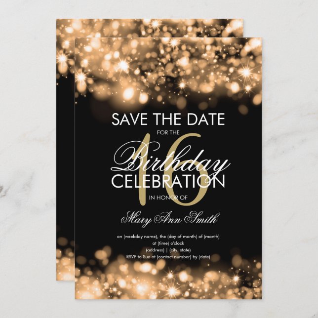 16th Birthday Party "Save The Date" Sparkling Gold Invitation (Front/Back)