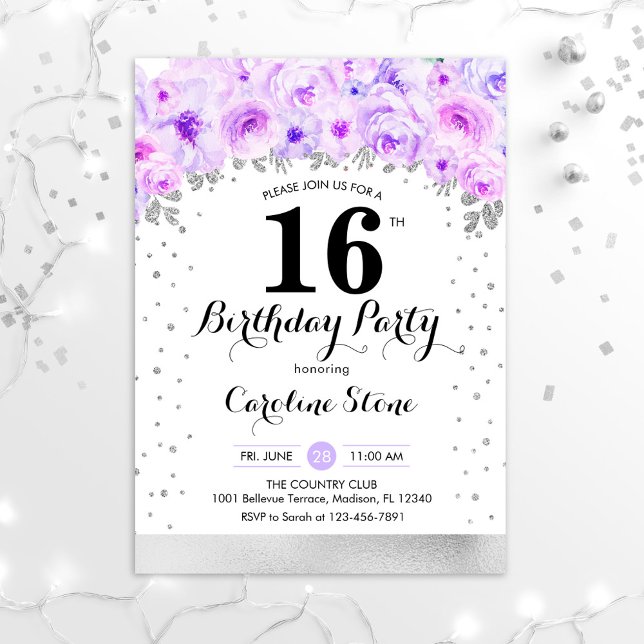 16th Birthday Party - Silver Purple Flowers Invitation (Creator Uploaded)