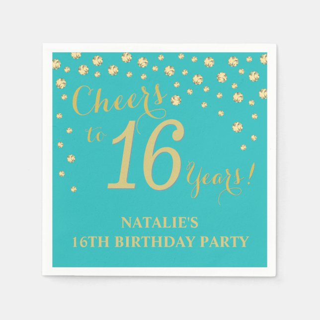 16th Birthday Party Teal and Gold Diamond Napkins (Front)