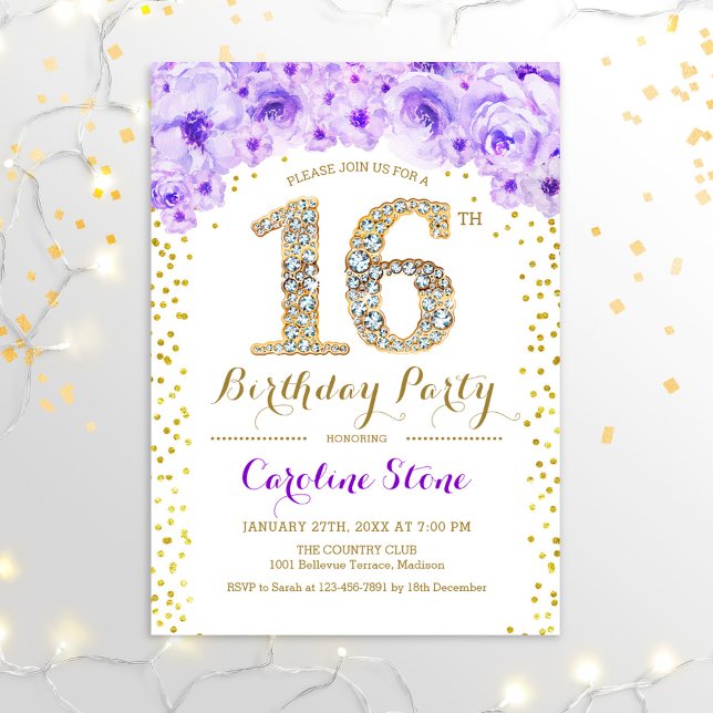 16th Birthday Party - White Gold Purple Invitation (Creator Uploaded)
