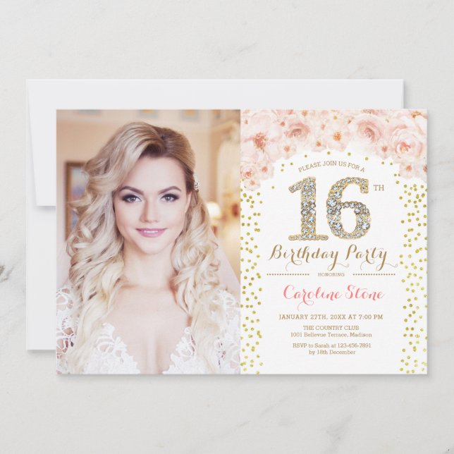 16th Birthday Party With Photo - Gold Pink Floral Invitation (Front)