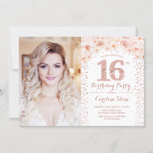 16th Birthday Party With Photo - Rose Gold Floral  Invitation