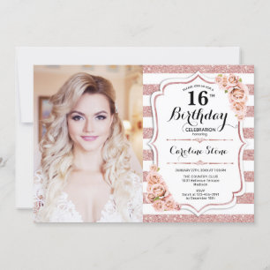 16th Birthday Party With Photo - Rose Gold White Invitation