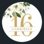 16th Birthday Personalised White Gold Floral Classic Round Sticker<br><div class="desc">Sweet 16th Birthday sticker with personalised name and editable age monogram with an elegant white peony rose floral bouquet with greenery sprigs and green leaves at the top and name printed between two lines overlapping a large numger.</div>