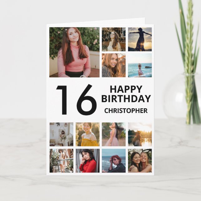 16th Birthday Photo Collage 13 Photos Black White Card (Front)