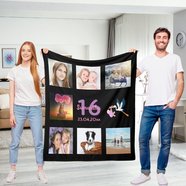 16th birthday photo collage girl black fleece blanket (Creator Uploaded)