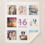 16th birthday photo collage sweet 16 white sherpa blanket<br><div class="desc">A gift for a girl's 16th birthday,  celebrating her life with a collage of 8 of your photos.  Templates for a name,  age 16 and a date.  Date of birth or the date of the anniversary.  Pink and purple coloured letters.  Elegant white background.</div>