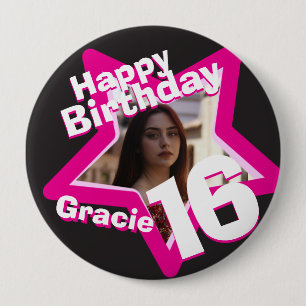 16th Birthday photo fun hot pink button/badge 10 Cm Round Badge