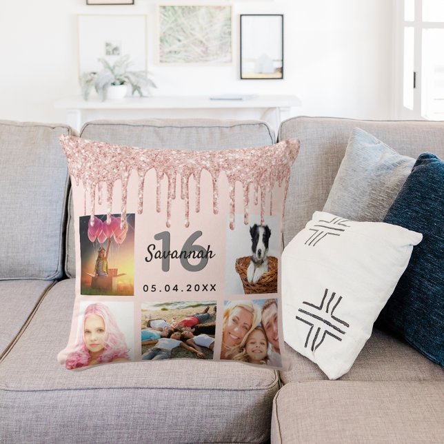 16th birthday photo rose gold glitter blush pink cushion (Creator Uploaded)
