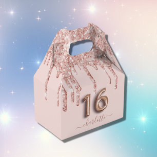 16th birthday pink rose gold glitter thank you favour box