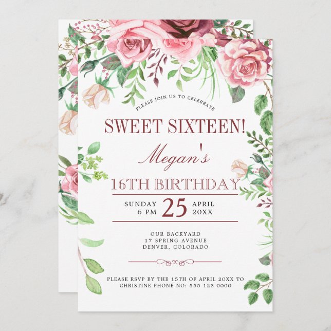 16th Birthday Pink Roses Chic Sweet Sixteen Party Invitation (Front/Back)