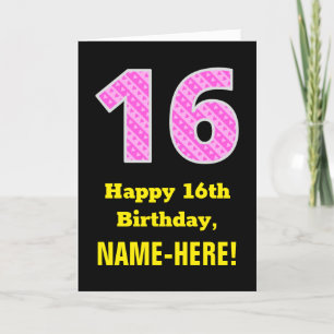 16th Birthday: Pink Stripes and Hearts "16" + Name Card