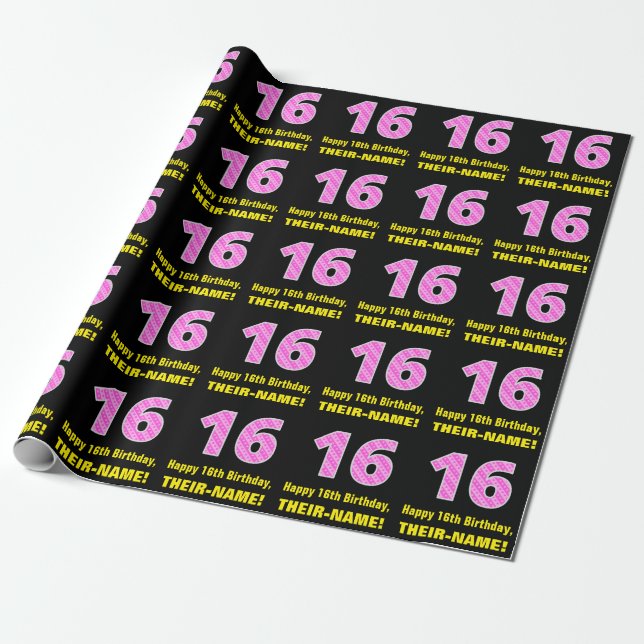 16th Birthday: Pink Stripes and Hearts "16" + Name Wrapping Paper (Unrolled)