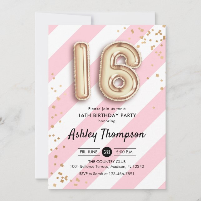 16th Birthday - Pink Stripes Gold Balloons Invitation (Front)
