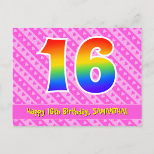 16th Birthday: Pink Stripes & Hearts, Rainbow 16 Postcard