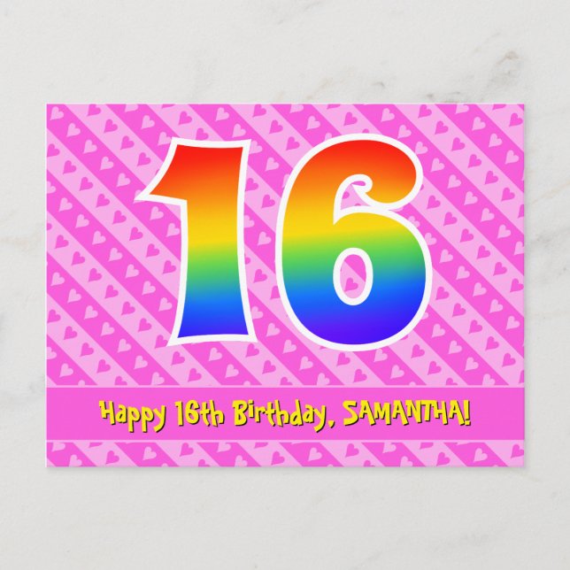 16th Birthday: Pink Stripes & Hearts, Rainbow 16 Postcard (Front)