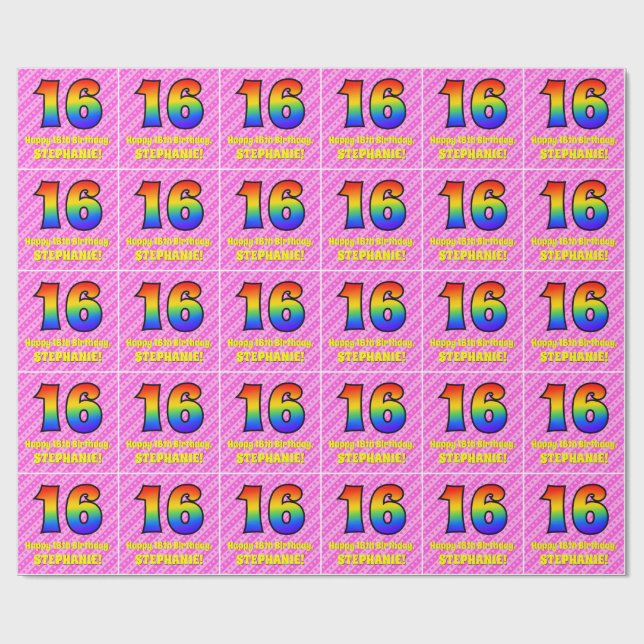 16th Birthday: Pink Stripes & Hearts, Rainbow # 16 Wrapping Paper (Flat)