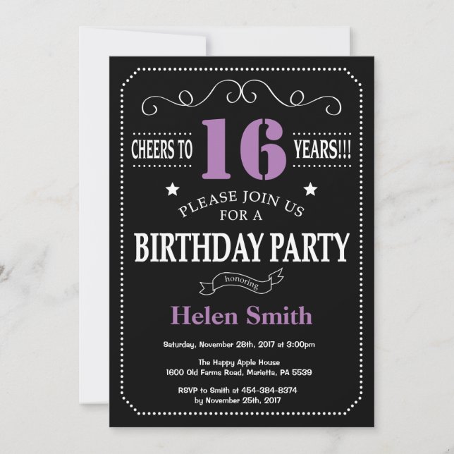16th Birthday Purple and Black Chalkboard Invitation (Front)