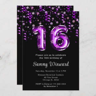 16th Birthday Purple Balloons Snowflake Confetti Invitation