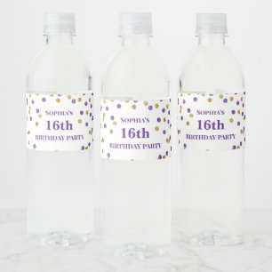 16th Birthday Purple Gold Confetti Water Bottle Label