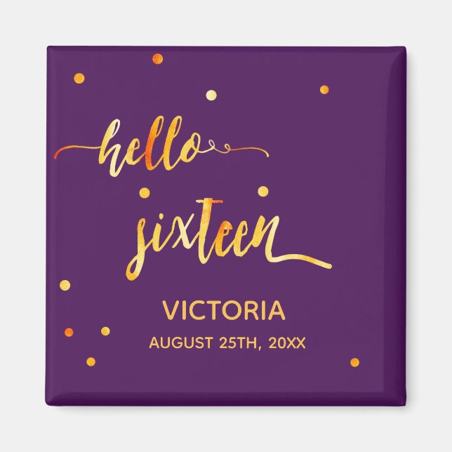 16th birthday purple gold hello 16 typography name magnet (Front)