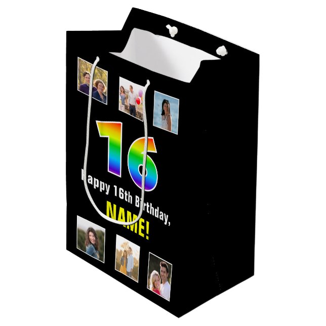 16th Birthday: Rainbow “16“, Custom Photos & Name Medium Gift Bag (Front Angled)