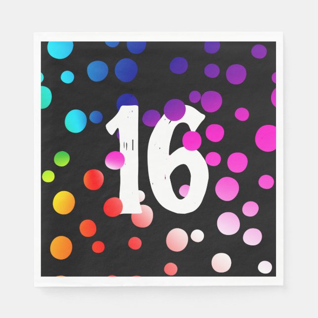 16th Birthday Rainbow Dots on Black  Napkin (Front)