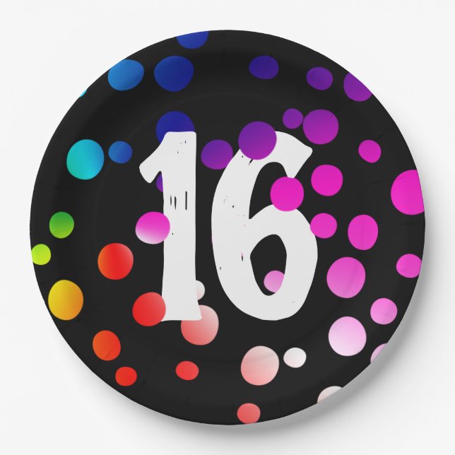 16th Birthday Rainbow Dots on Black Paper Plate (Front)