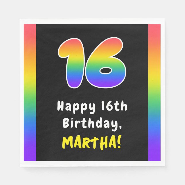16th Birthday: Rainbow Spectrum # 16, Custom Name Napkin (Front)