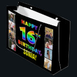 16th Birthday: Rainbow Text, Custom Photos & Name Large Gift Bag<br><div class="desc">This joyful and cheerful birthday themed gift bag design features the message “HAPPY 16TH BIRTHDAY, “ with the text having a vibrant multicolored rainbow spectrum inspired gradient pattern, along with a custom recipient name. To the left and the right of the rainbow-patterned message on the front are some photos that...</div>