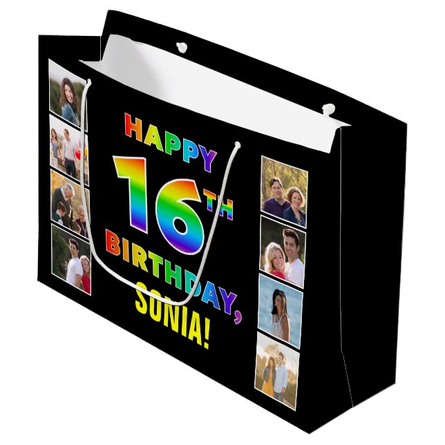 16th Birthday: Rainbow Text, Custom Photos & Name Large Gift Bag (Front Angled)