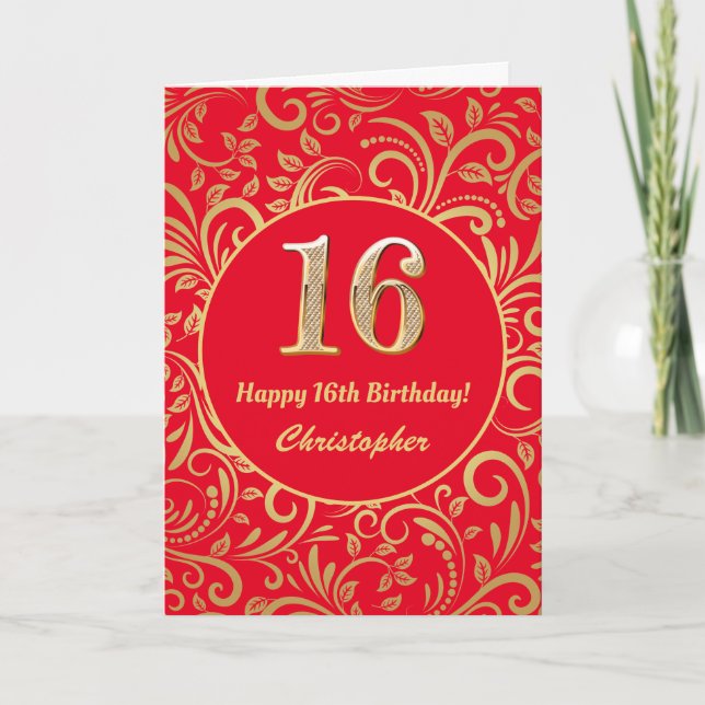 16th Birthday Red and Gold Floral Pattern Card (Front)