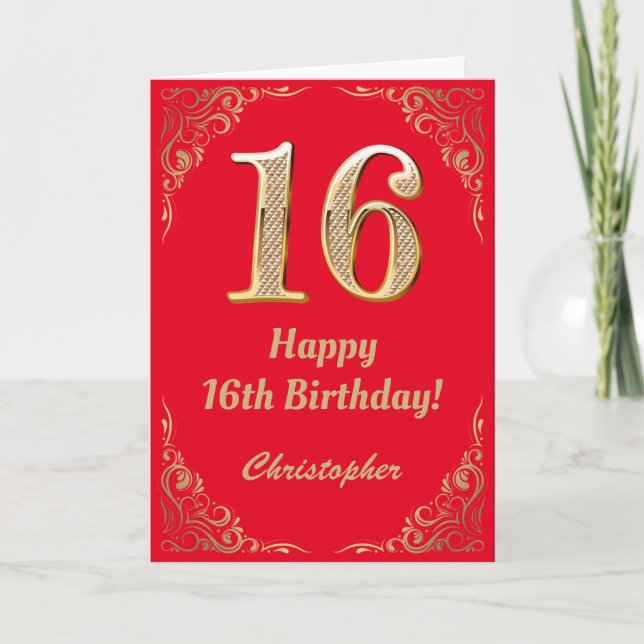 16th Birthday Red and Gold Glitter Frame Card (Front)