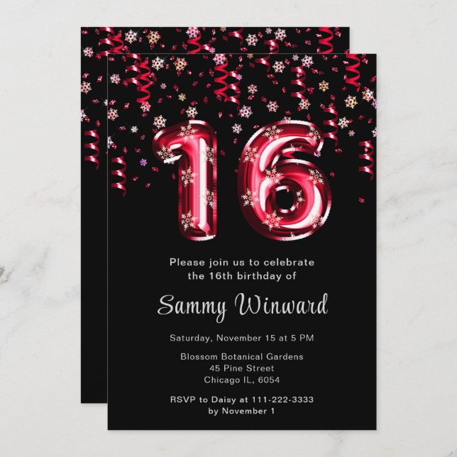 16th Birthday Red Balloons Snowflake Confetti Invitation (Front/Back)