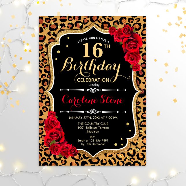 16th Birthday - Red Roses Leopard Print Invitation (Creator Uploaded)