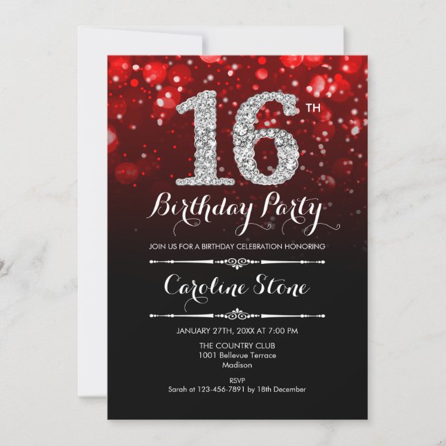 16th Birthday - Red Silver Invitation (Front)