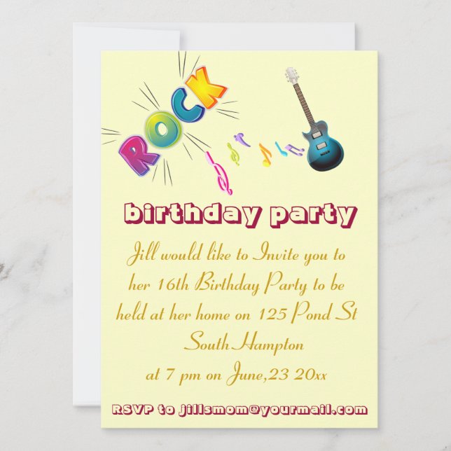 16th Birthday  rock invitation card. (Front)