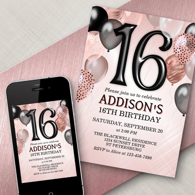 16th Birthday Rose Gold Balloons Invitation (Creator Uploaded)