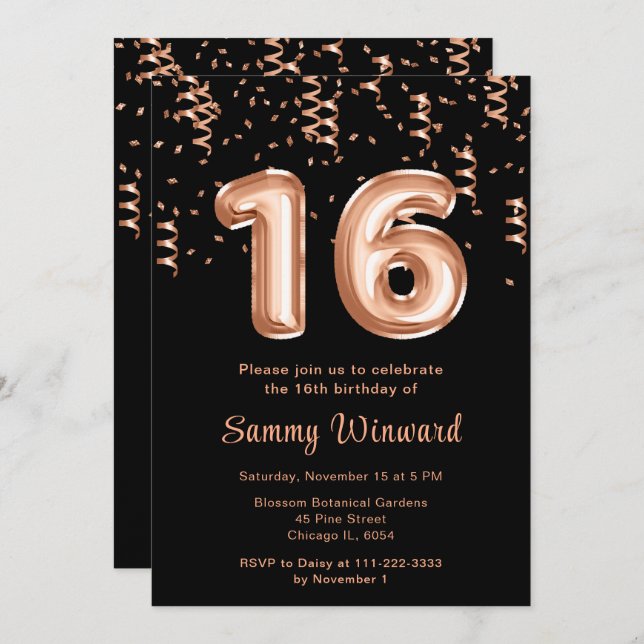 16th Birthday Rose Gold Balloons with Confetti Invitation (Front/Back)