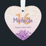 16th birthday rose gold confetti purple flowers ornament<br><div class="desc">Glamourous with elegant and modern rose gold,  blush pink gradient backdrop for a Sweet 16th birthday. With ultra violet and purple coloured watercolored flowers and golden confetti rain. Templates for name,  age 16 and date,  purple and golden coloured letters.  Perfect as Sweet 16th birthday gift,  party decoration or keepsake.</div>
