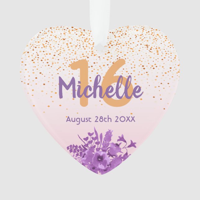 16th birthday rose gold confetti purple flowers ornament (Front)