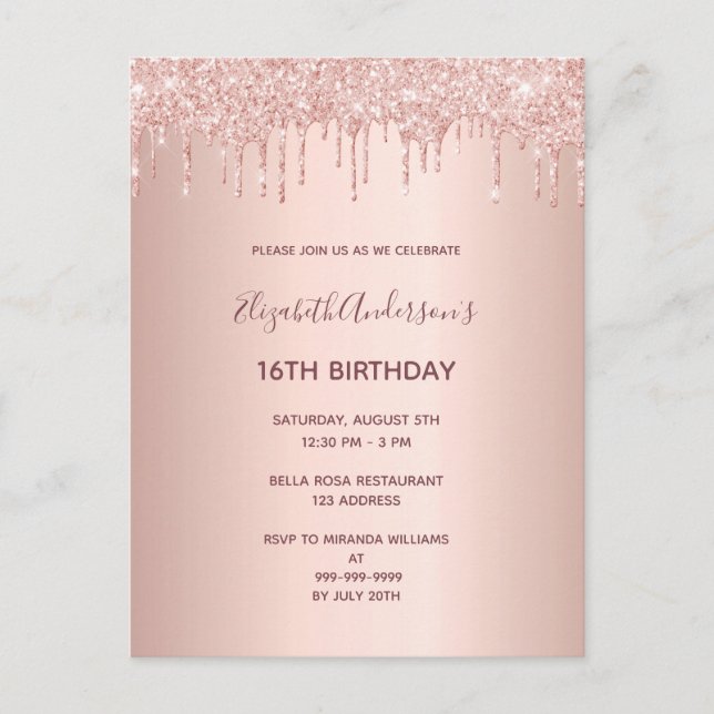 16th birthday rose gold glitter drip invitation postcard (Front)