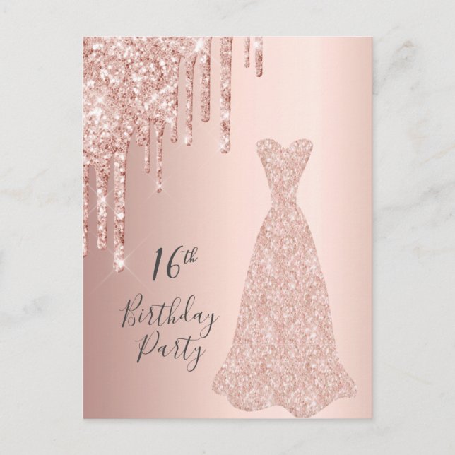 16th birthday rose gold glitter drips invitation postcard (Front)