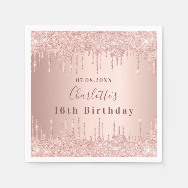 16th birthday rose gold glitter drips monogram napkin (Front)