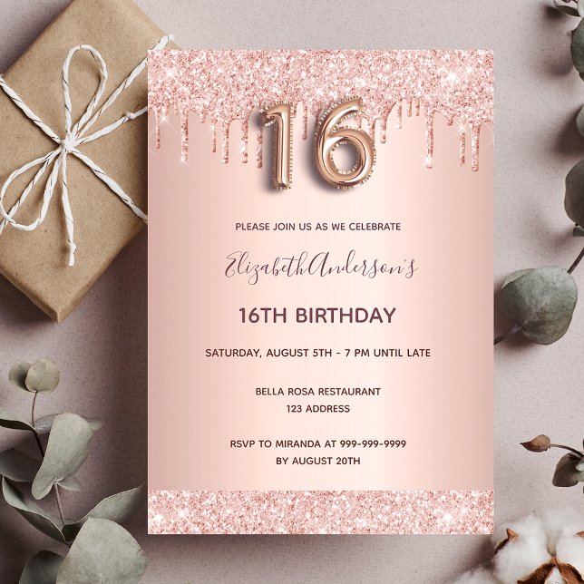 16th birthday rose gold glitter drips pink glam invitation (Creator Uploaded)