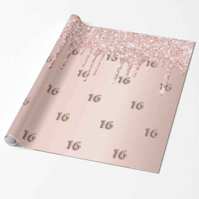 16th Birthday rose gold glitter drips pink Wrapping Paper (Unrolled)