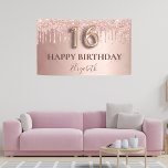 16th birthday rose gold glitter pink balloon style banner<br><div class="desc">Elegant, classic, glamourous and girly for a Sweet 16, 16th birthday party. Rose gold and blush pink, gradient background. Decorated with rose gold, pink faux glitter drips, paint dripping look. Personalise and add a name. With the text: Happy Birthday plus the birthday girls name. The text is written with a...</div>