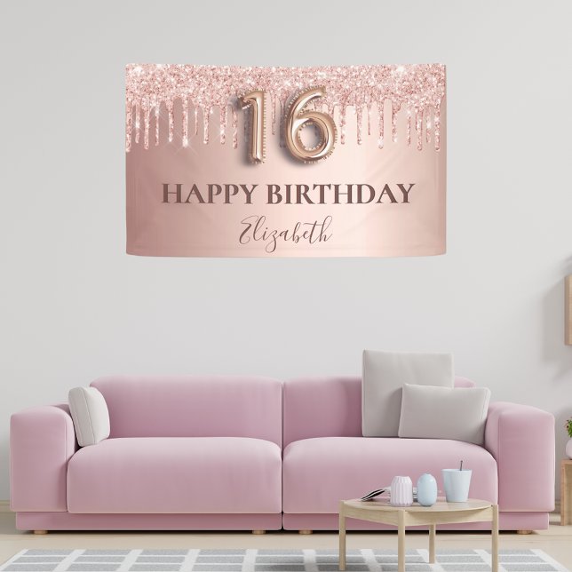 16th birthday rose gold glitter pink balloon style banner (Creator Uploaded)