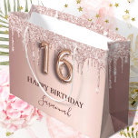 16th birthday rose gold glitter pink balloon style large gift bag<br><div class="desc">Elegant, classic, glamourous and girly for a Sweet 16, 16th birthday party. Rose gold and blush pink, gradient background. Decorated with rose gold, pink faux glitter drips, paint dripping look. Personalise and add a name. With the text: Happy Birthday. The name is written with a modern dark rose coloured hand...</div>