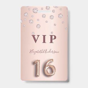 16th birthday rose gold pink diamonds balloon font ID badge